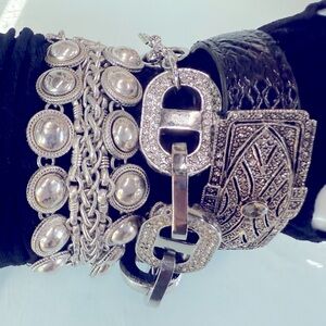 Bundle of silver tone bracelets,Lucky Brand,marcasite on leather rhinestones etc